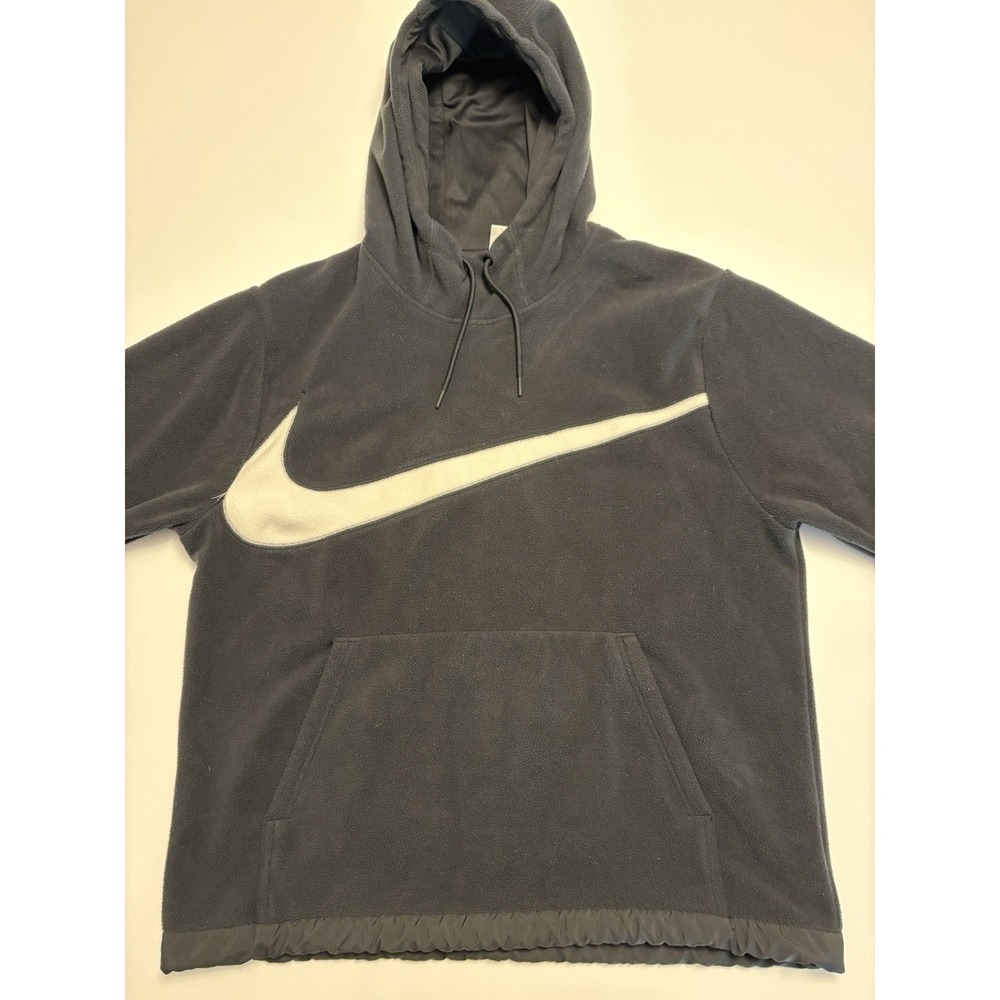 Big Swoosh Fleece Pullover Hoodie Mens Large Gray Kangaroo Pocket Sherpa Black